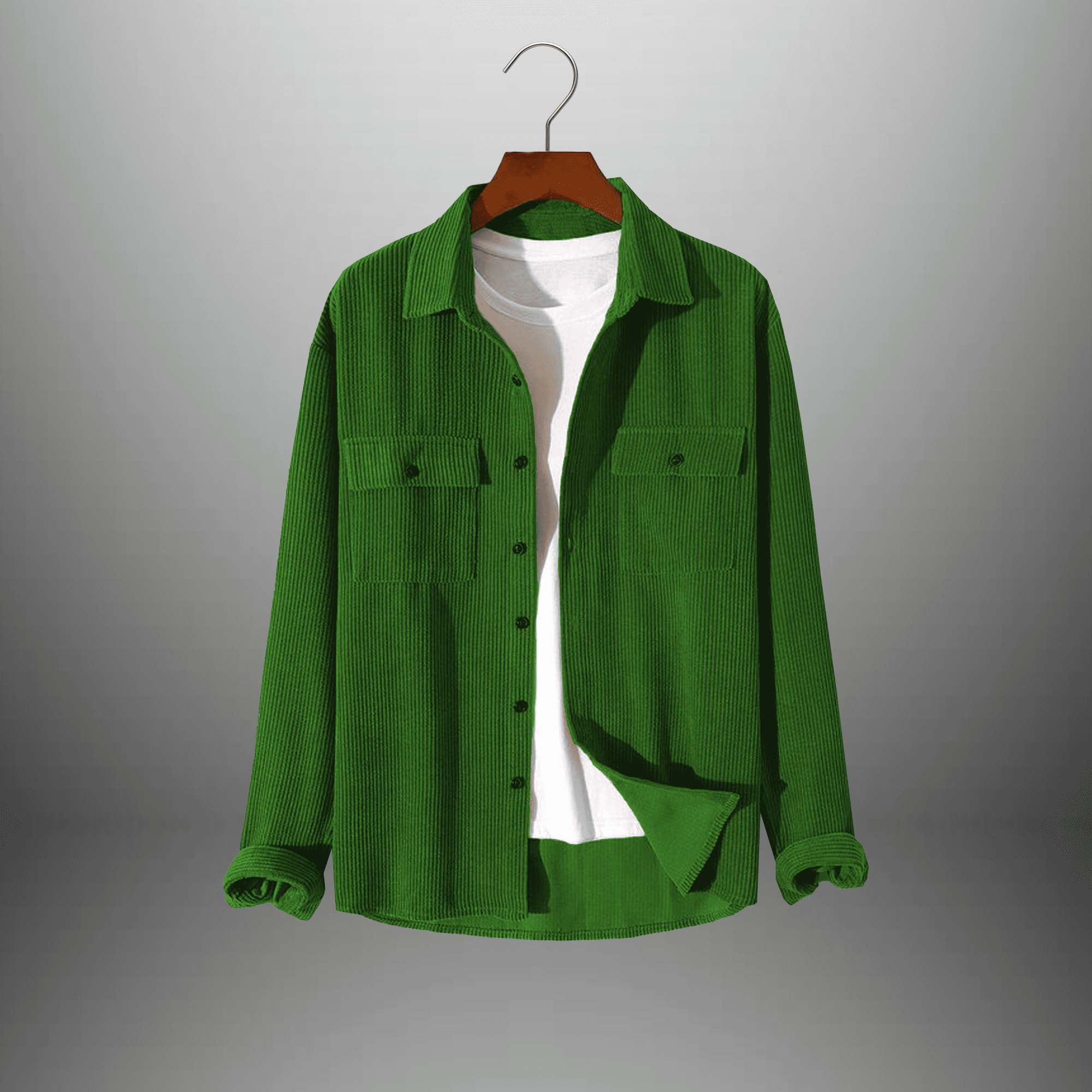 Men's Green Corduroy Shirt with Pocket and  A Plain white T-shirt-RMS032